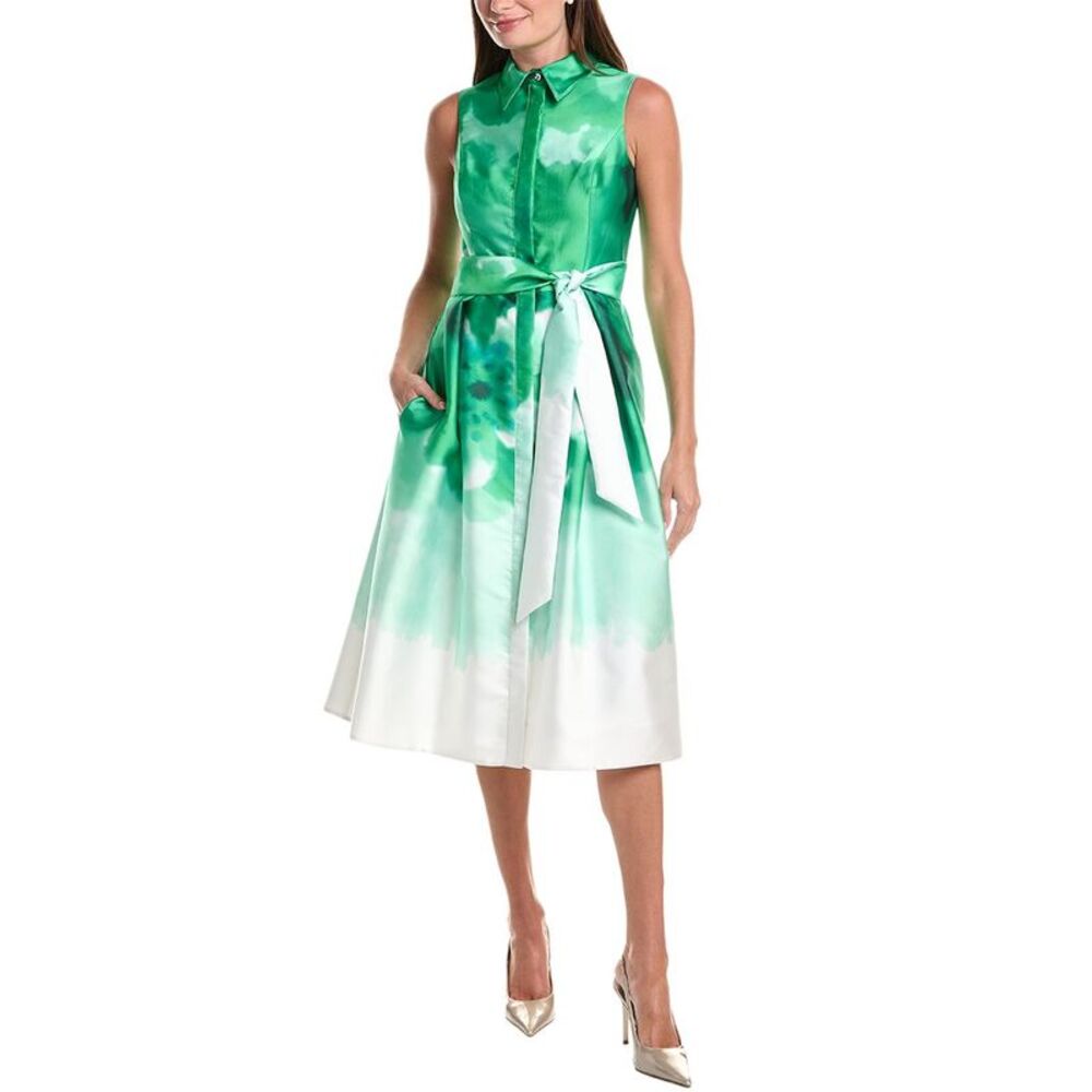 Teri Jon By Rickie Freeman Womens Mikado Watercolor Print Shirtdress, Green